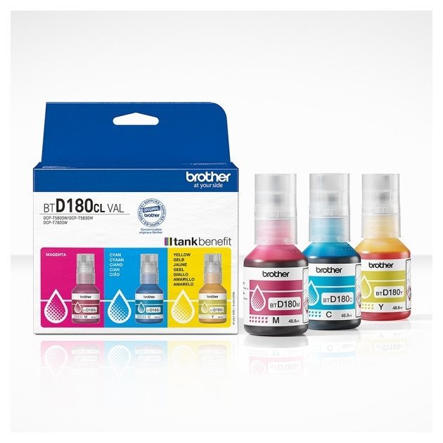 Pack 3 garrafas de tinta originais brother btd180clval - ciano / magenta / amarelo