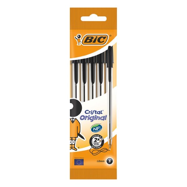 Pack 5 esferográficas Bic cristal original preto - ponta redonda 1mm