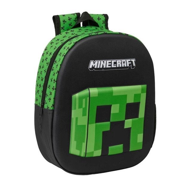 Mochila infantil Safta Minecraft 3D - Asa de mão / Suporte lateral para garrafa / 27x33x10 cm / Preto e verde