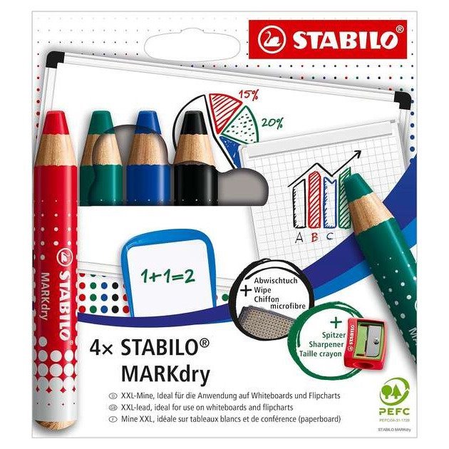 Marcadores secos para quadro branco Stabilo markdry - pack de 4