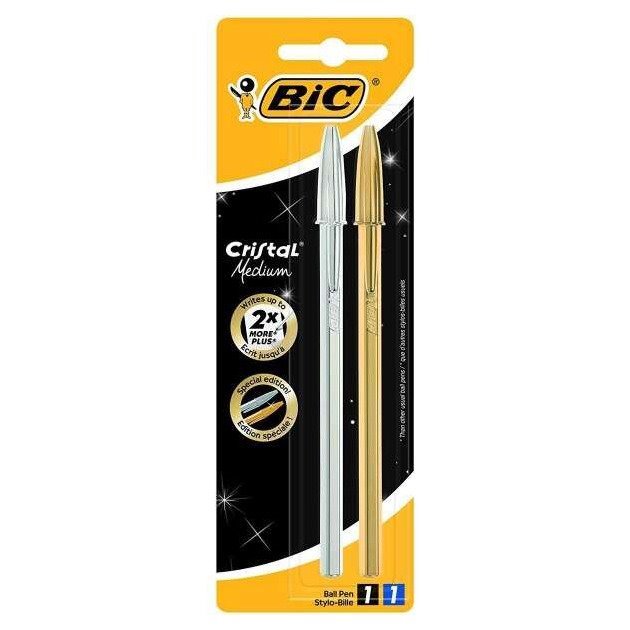 Pack 2 esferográficas Bic Cristal Shine azul e preto - corpo prateado e dourado / ponta média 1.0mm