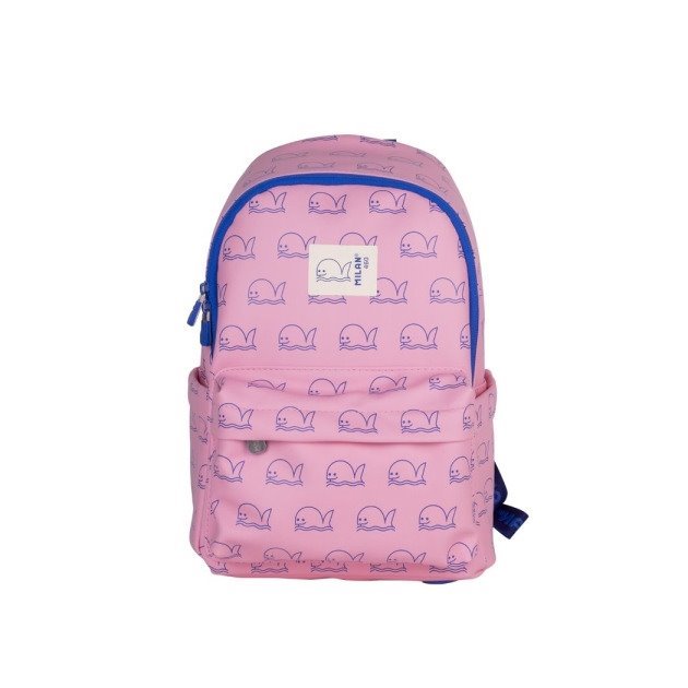 Mochila infantil Milan Coleção 460 - 9.5L / Compartimento principal e bolso frontal com fecho / 2 bolsos laterais / Rosa e azul