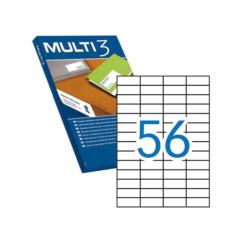 Etiquetas permanentes Multi3 52.5X21.2mm (100 folhas / 5600 etiquetas)