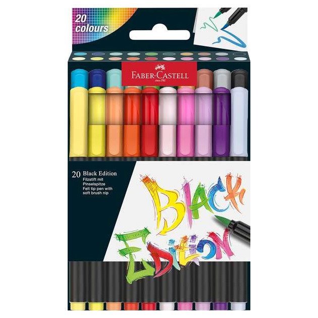 Pack 20 Canetas de feltro Faber-Castell Black Edition - tinta à base de corantes alimentares