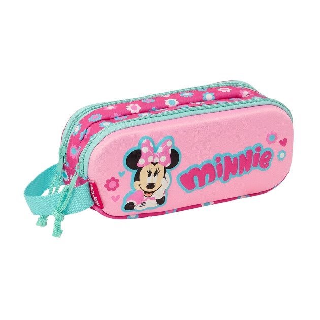 Estojo Safta Minnie Mouse 3D - 2 Compartimentos - Asa de Mão - 21x8x6cm - Rosa