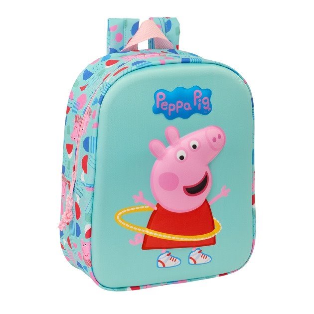 Mochila de creche Safta Peppa Pig 3D - Asa de mão / Compartimento principal com fecho / 22x27x10 cm / Azul claro