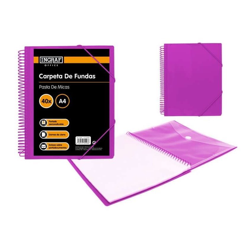 Pasta com 40 bolsas transparentes Ingraf - A4+ / Bolsa com mola / Espiral plástica indeformável / Abertura 360 graus / Capa personalizável / Cor roxo