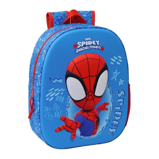 Mochila de creche Safta Spidey 3D - Asa de mão / Compartimento principal com fecho / 22x27x10 cm / Azul e vermelho