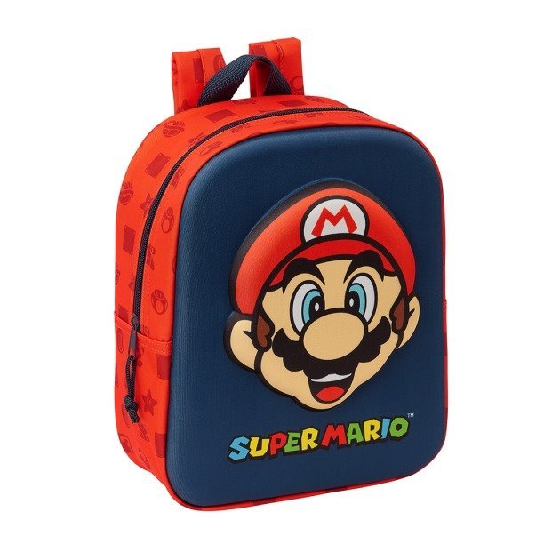 Mochila de creche Safta Super Mario 3D - Asa de mão / Compartimento principal com fecho / 22x27x10 cm / Vermelho e azul