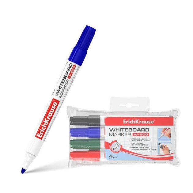Pack 4 Marcadores ErichKrause W-500 para Quadro Branco - Ponta bala / Traço de 0,8 a 2,5 mm / cores sortidas