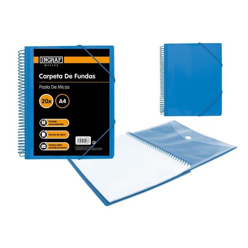 Pasta com 20 bolsas transparentes Ingraf - A4+ / Bolsa com mola / Espiral plástica indeformável / Abertura 360 graus / Capa personalizável / Cor azul