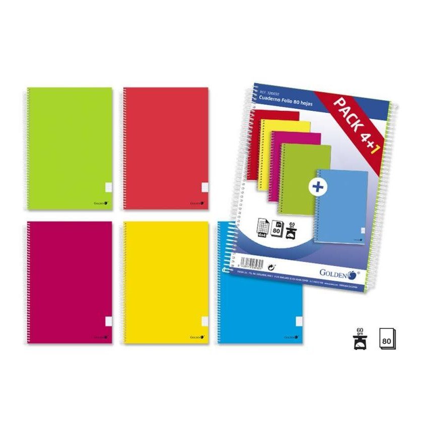 Pack 5 cadernos espiral Golden - 80 folhas / capa normal pastificada / cores sortidas