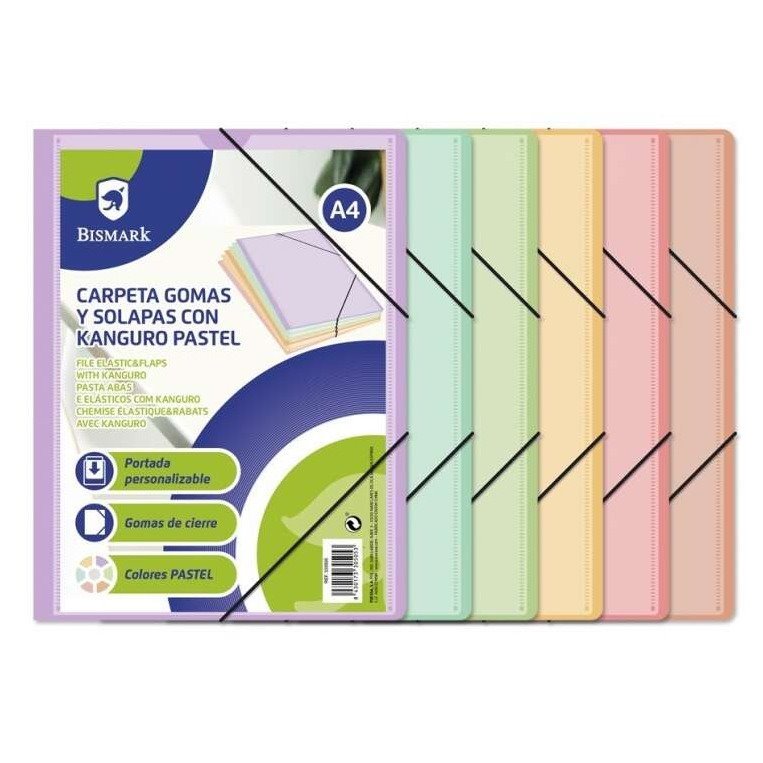 Pack 24 pastas com elástico Bismark Kanguro - A4 / Polipropileno / Cores pastel sortidas