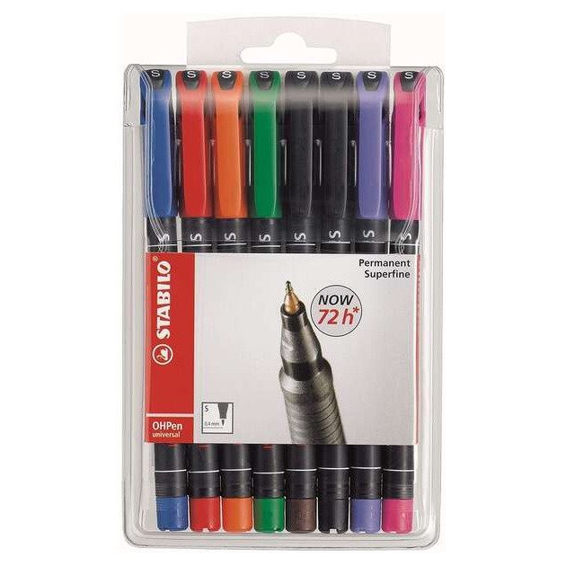 Pack 8 marcadores permanentes Stabilo OHPen - traço de 0,4mm / cores sortidas