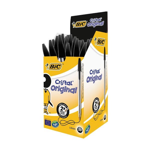 Pack 50 esferográficas Bic cristal original preto - ponta redonda 1mm