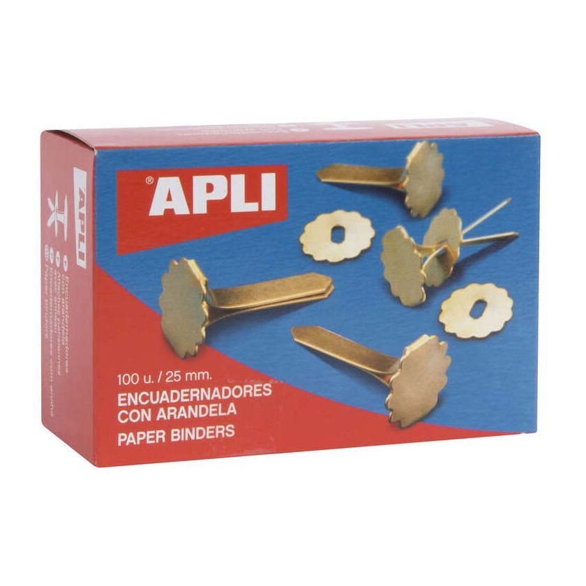 Pack 100 encadernadores metálicos Apli - 25mm / com anilha / dourado