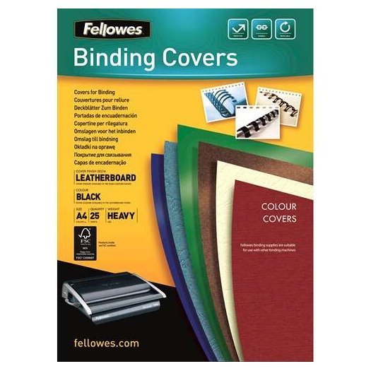 Pack de 25 capas de encadernação Fellowes – cartão simil pele delta couro / A4 / 250 g / preto