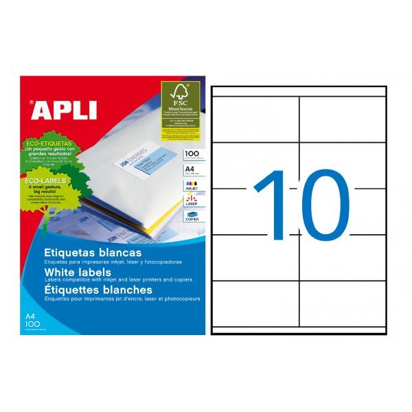 Etiquetas permanentes Apli 105 x 57 mm (100 folhas / 10 por folha)