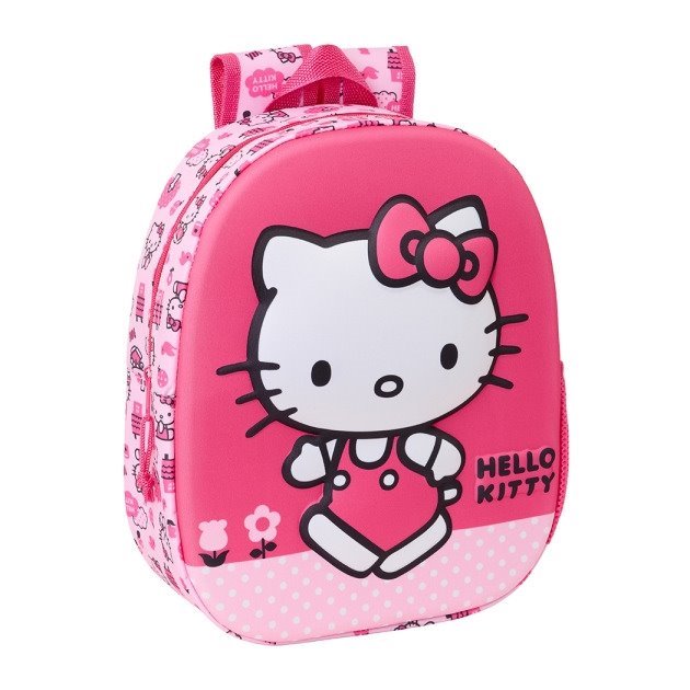 Mochila infantil Safta Hello Kitty 3D - Asa de mão / Suporte lateral para garrafa / 27x33x10 cm / Rosa