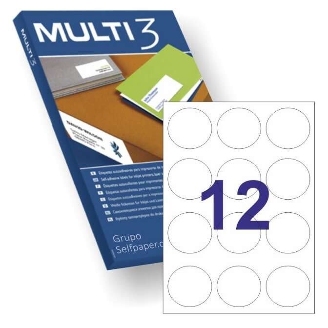 Etiquetas permanentes redondas Multi3 60mm de diâmetro (100 folhas / 1200 etiquetas)