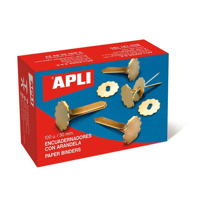 Pack 100 encadernadores metálicos Apli - 30mm / com anilha / dourado