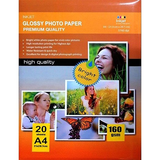 Papel Fotográfico Jato de Tinta A4 Brilhante (160g / 20 folhas)