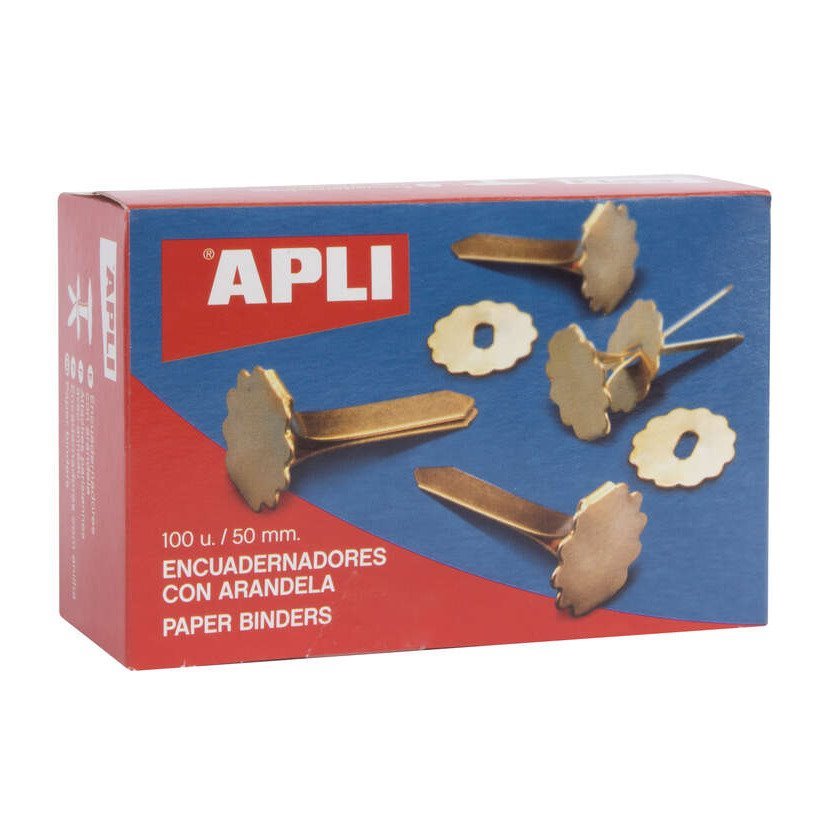 Pack 100 encadernadores metálicos Apli - 50mm / com anilha / dourado
