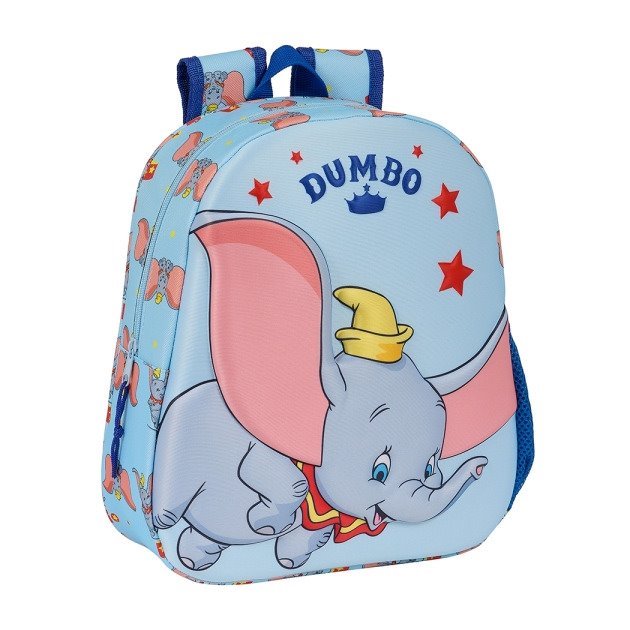 Mochila infantil Safta Dumbo 3D - Asa de mão / Suporte lateral para garrafa / 27x33x10 cm / Azul claro