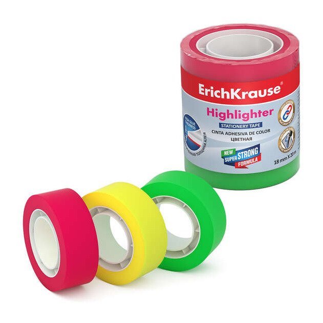 Pack 3 rolos Fita Adesiva colorida 18mmx20m - ErichKrause hightlighter