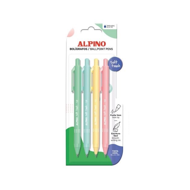 Pack 4 Canetas Retráteis Alpino Soft Touch - 1mm / Tinta Azul / Corpo em Cores Pastel
