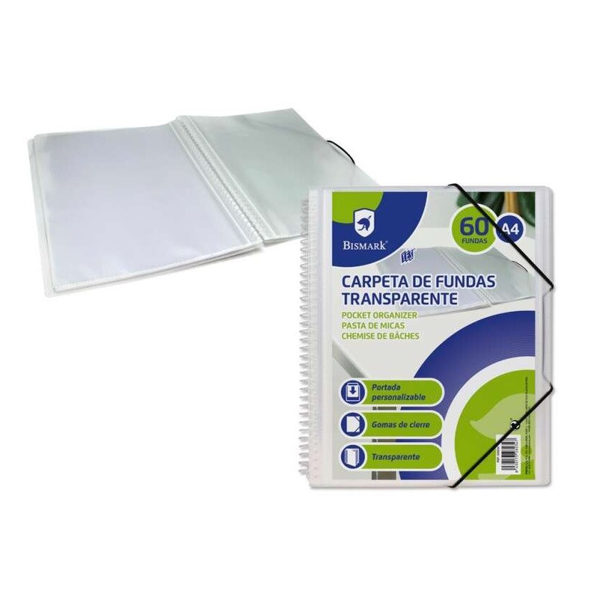 Pasta espiral com 60 bolsas transparentes Bismark - A4+ / Polipropileno / Capa personalizável / Espiral plástica indeformável / Abertura 360 graus / Elásticos de fecho